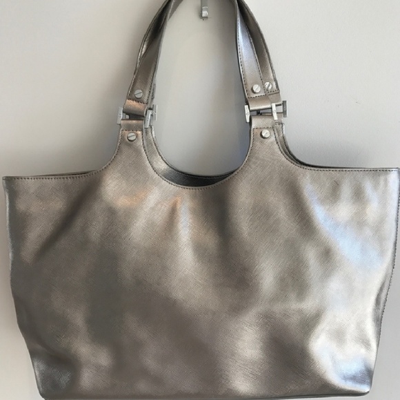 Authentic Tory Burc Silver Perforated Logo Handbag - Picture 2 of 8